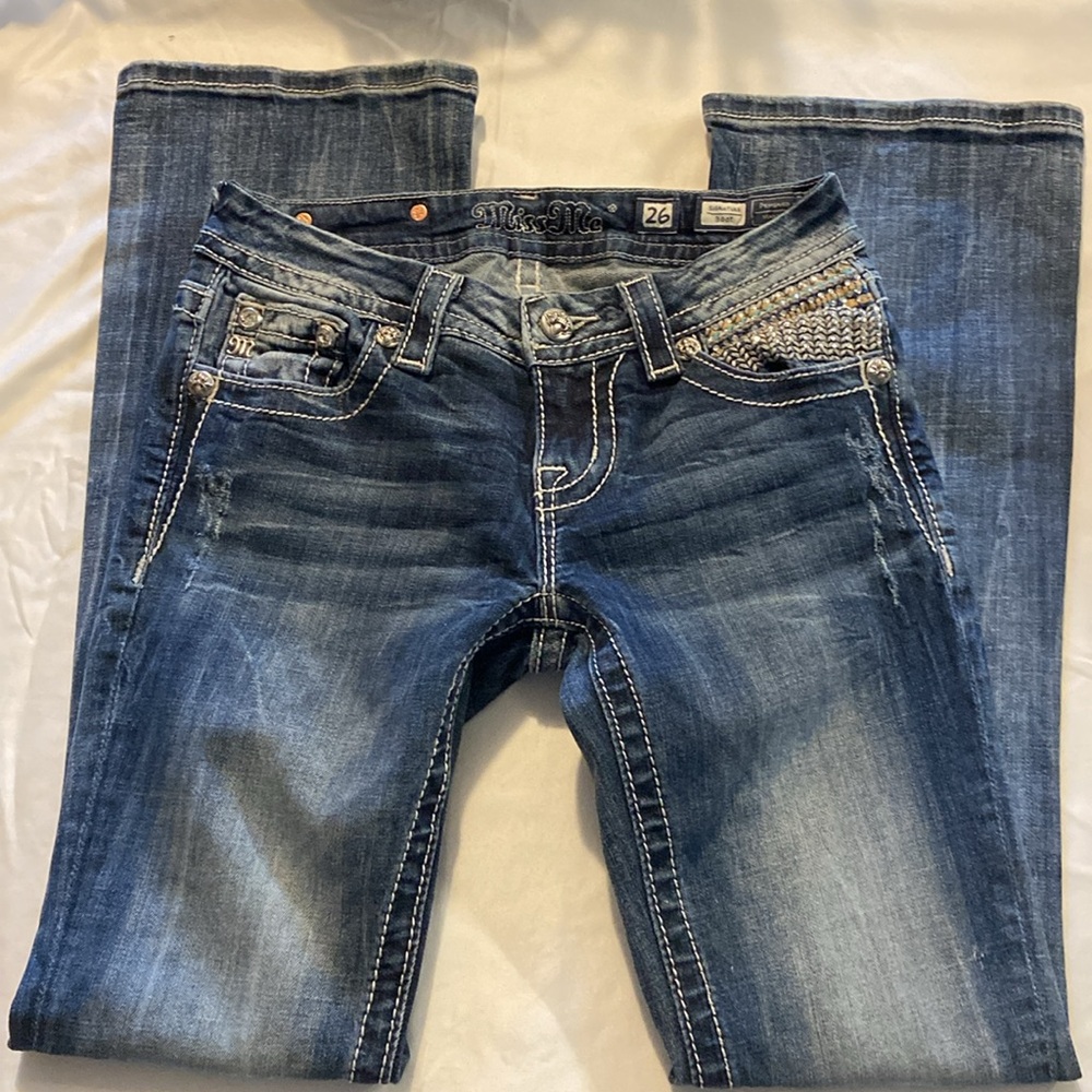 Miss Me Jeans Size 26 Signature Boot Navy With Distressing Fleur-de-lis